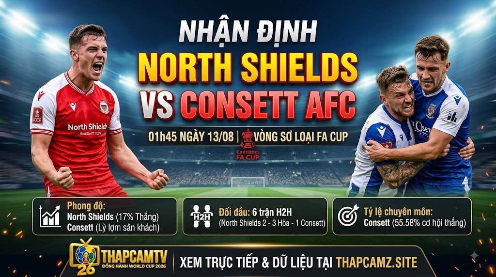 Ảnh bìa nhận định chuyên môn trận đấu giữa North Shields và Consett AFC tại vòng sơ loại FA Cup 2026, cung cấp dữ liệu trực tiếp bởi ThapcamTV.