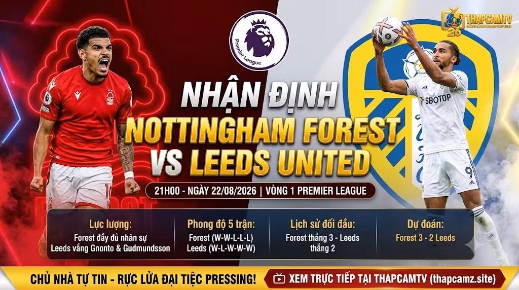 Nhận định trận đấu Nottingham Forest vs Leeds United vòng 1 Ngoại Hạng Anh từ chuyên gia BLV Man Man trên nền tảng ThapcamTV.