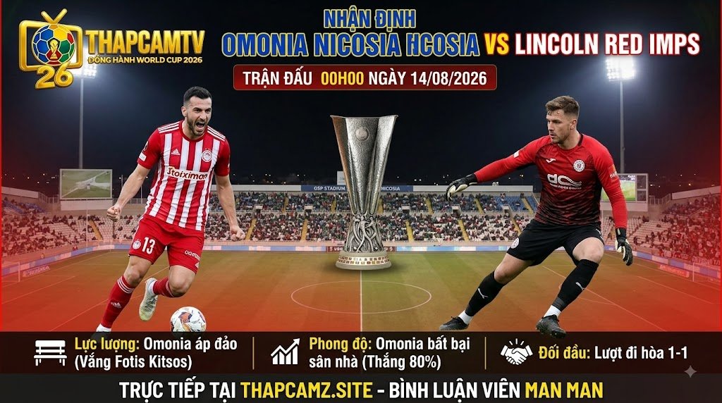 Ảnh bìa nhận định và thông tin tổng quan trận đấu giữa Omonia Nicosia vs Lincoln Red Imps lúc 00h00 ngày 14/08 tại vòng loại Europa League 2026.