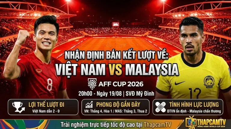 Nhận định bóng đá Việt Nam vs Malaysia bán kết lượt về AFF Cup 2026. Cập nhật thông tin lực lượng, phong độ và lợi thế trước trận tại chảo lửa Mỹ Đình cùng ThapcamTV.