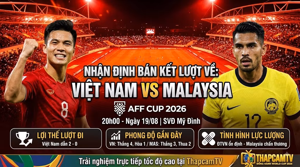 Nhận định bóng đá Việt Nam vs Malaysia bán kết lượt về AFF Cup 2026. Cập nhật thông tin lực lượng, phong độ và lợi thế trước trận tại chảo lửa Mỹ Đình cùng ThapcamTV.