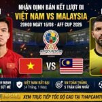 Ảnh bìa nhận định tổng quan trận bán kết lượt đi AFF Cup 2026 giữa ĐT Việt Nam và Malaysia, phân tích lực lượng, phong độ trực tiếp trên ThapcamTV.