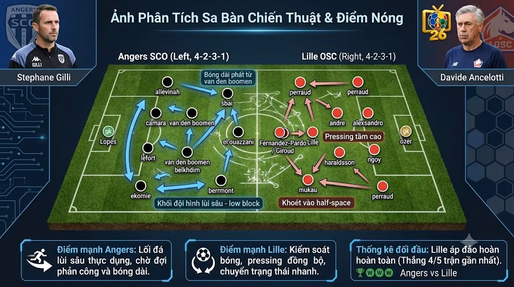 Sơ đồ chiến thuật 4-2-3-1 của Angers đối đầu Lille, phân tích điểm nóng trên sa bàn cùng chuyên gia BLV Man Man.