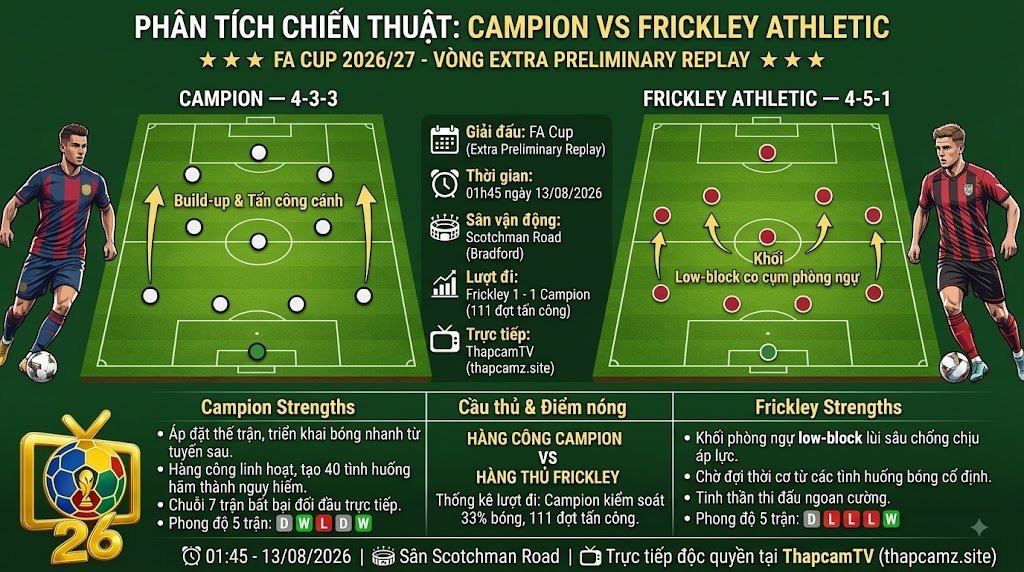 Sa bàn phân tích sơ đồ chiến thuật 4-3-3 của Campion đối đầu với khối phòng ngự 4-5-1 của Frickley Athletic.