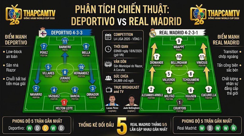 Phân tích chiến thuật, sa bàn và sơ đồ đội hình dự kiến trận Deportivo vs Real Madrid mới nhất tại Thập Cẩm TV.