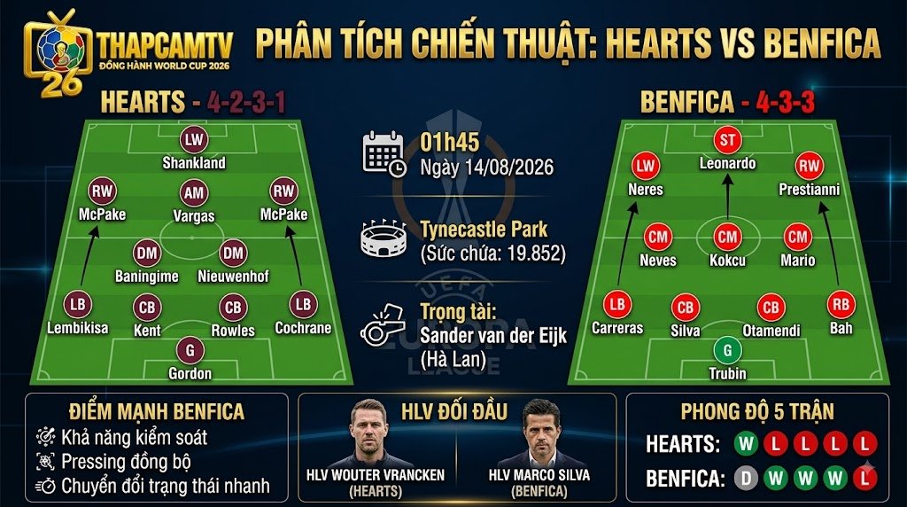 Phân tích sơ đồ chiến thuật và đội hình dự kiến trận Hearts vs Benfica cùng hệ thống dữ liệu chuyên môn từ Thập Cẩm TV.
