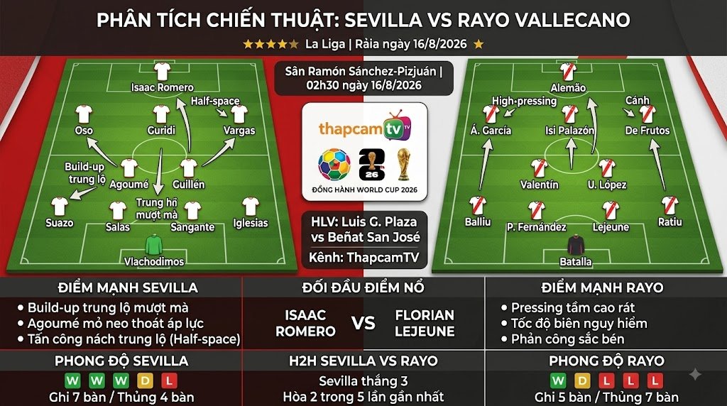 Phân tích sa bàn chiến thuật và đội hình dự kiến 4-2-3-1 trận Sevilla đấu với Rayo Vallecano.