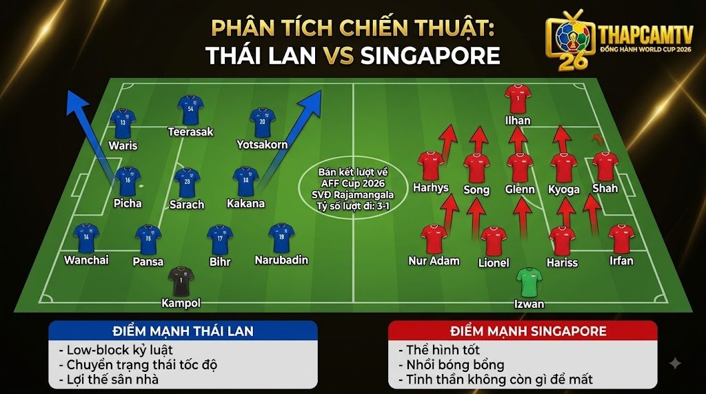 Sơ đồ phân tích chiến thuật trận Thái Lan vs Singapore, Voi chiến đá phản công với đội hình 4-3-3