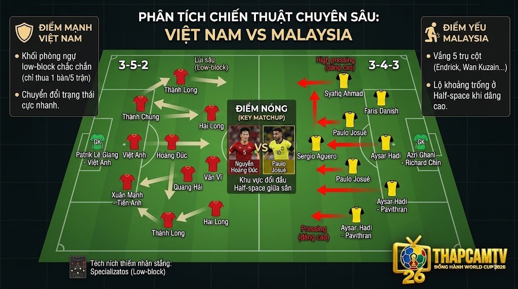 Phân tích chiến thuật chuyên sâu trận Việt Nam vs Malaysia: Khối đội hình phòng ngự low-block 3-5-2 của Việt Nam đối đầu chiến thuật pressing 3-4-3 của Malaysia. Điểm nóng giữa Hoàng Đức và Paulo Josué.