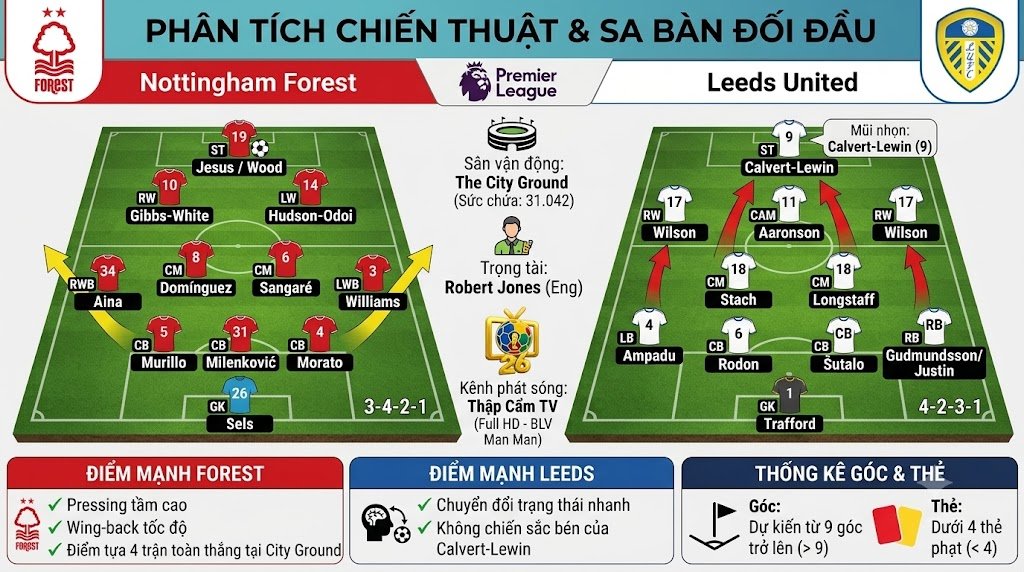 Sa bàn phân tích chiến thuật và sơ đồ đội hình dự kiến trận Nottingham Forest đối đầu Leeds United chi tiết nhất.